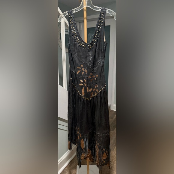 billy ashton Dresses & Skirts - 90s vintage Boho Studded Fringe Dress — Black & Bronze Cutout Detail leather